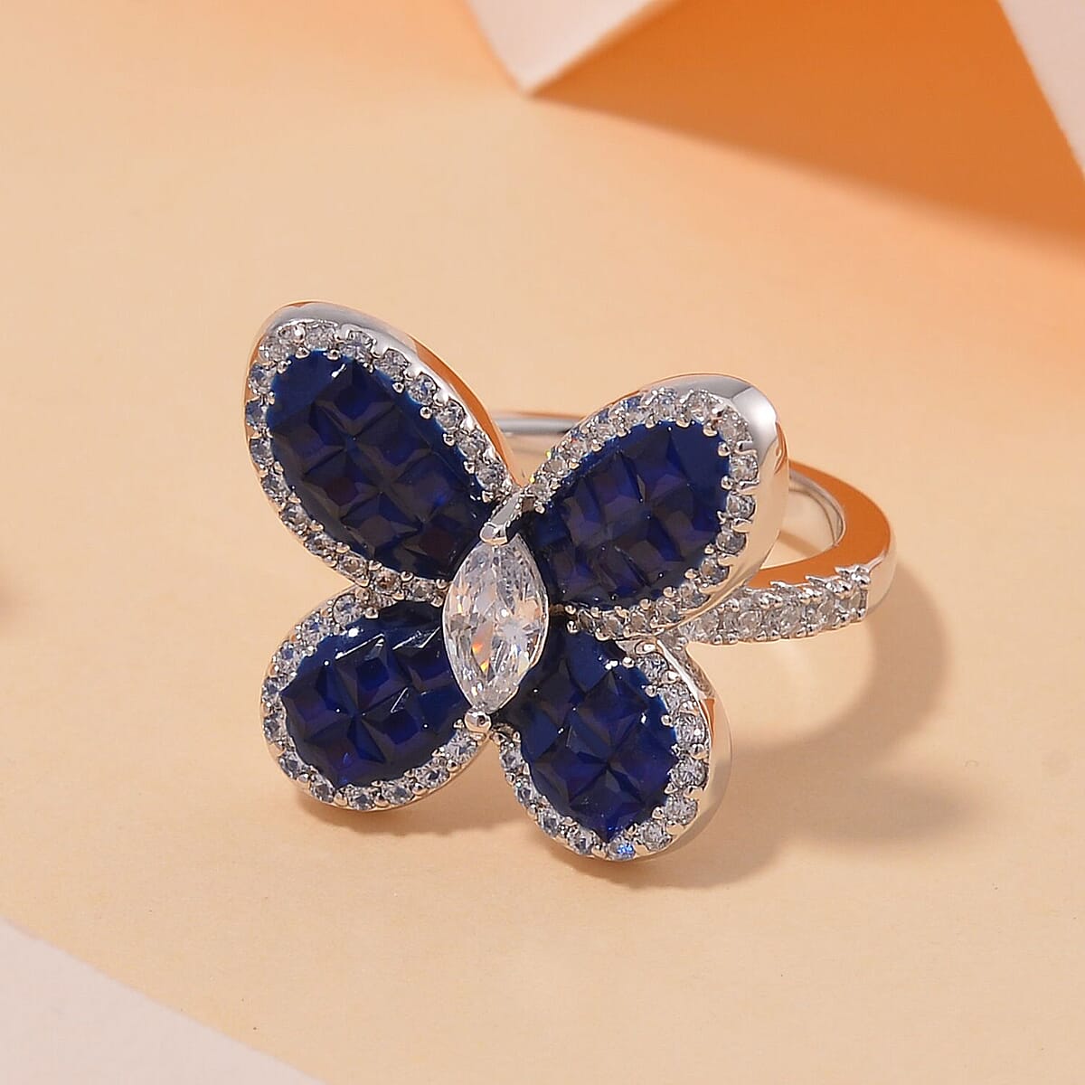 Simulated White and Blue Diamond Butterfly Ring in Rhodium Over Sterling Silver (Size 10.0) image number 1
