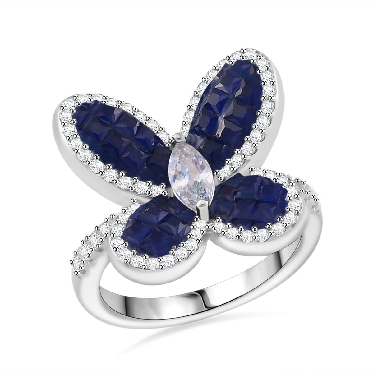 Simulated White and Blue Diamond Butterfly Ring in Rhodium Over Sterling Silver (Size 7.0) image number 0