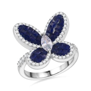 Simulated White and Blue Diamond Butterfly Ring in Rhodium Over Sterling Silver (Size 7.0)