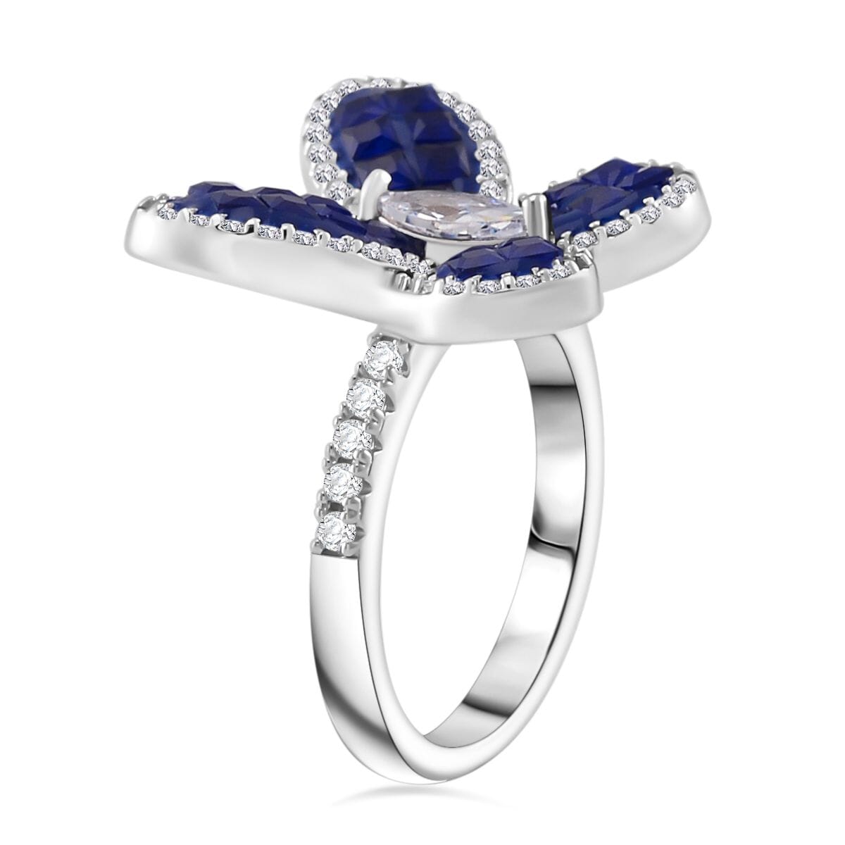 Simulated White and Blue Diamond Butterfly Ring in Rhodium Over Sterling Silver (Size 7.0) image number 3