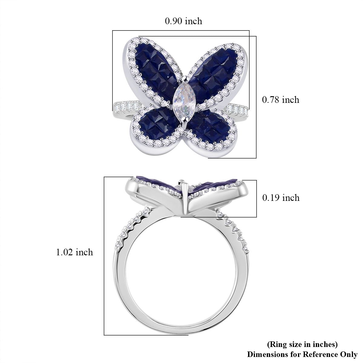 Simulated White and Blue Diamond Butterfly Ring in Rhodium Over Sterling Silver (Size 7.0) image number 5
