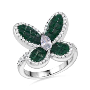 Simulated White and Green Diamond Butterfly Ring in Rhodium Over Sterling Silver (Size 9.0)