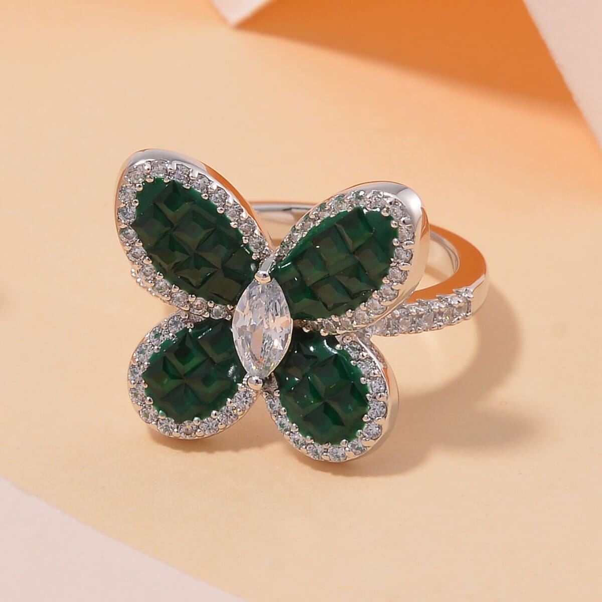 Simulated White and Green Diamond Butterfly Ring in Rhodium Over Sterling Silver (Size 9.0) image number 1