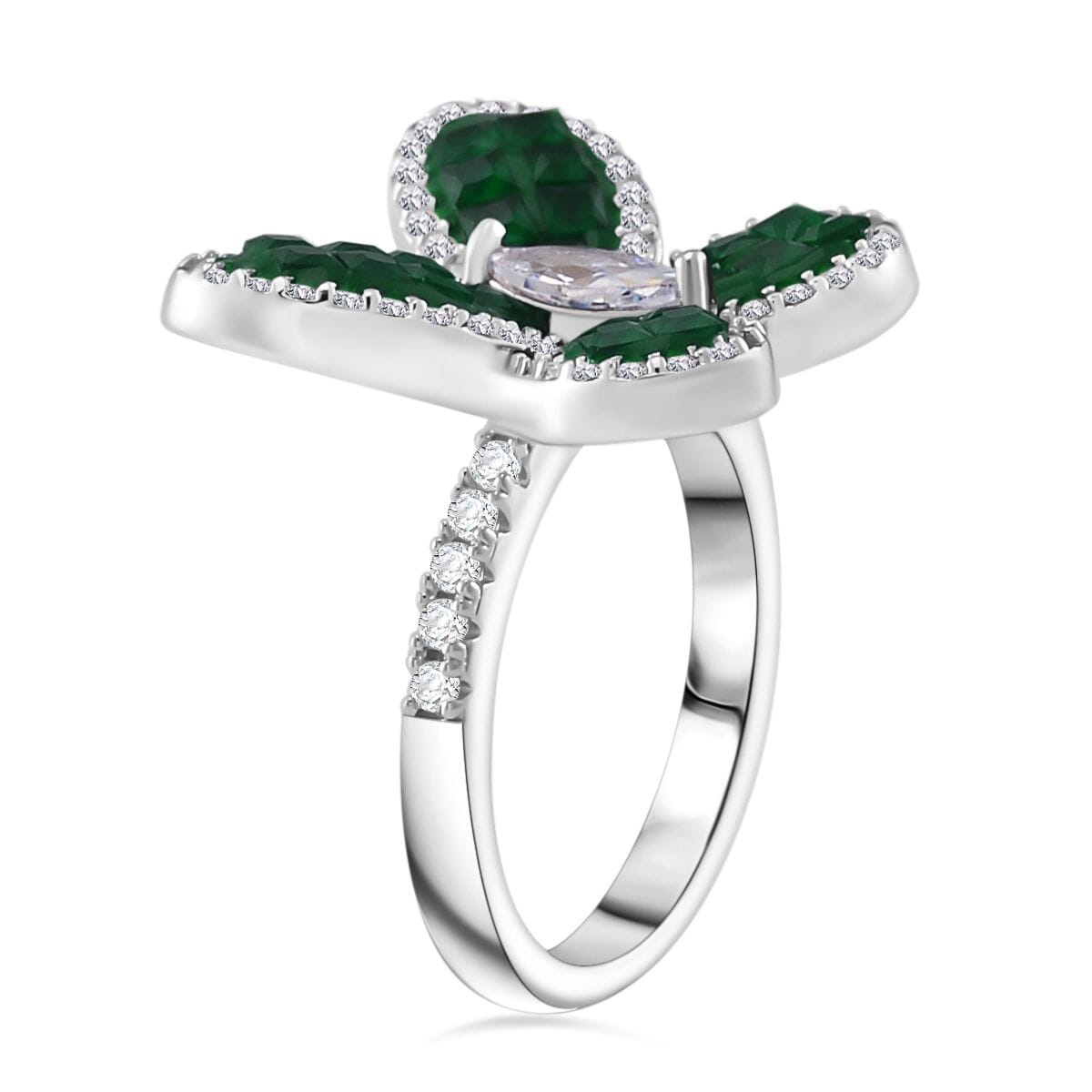 Simulated White and Green Diamond Butterfly Ring in Rhodium Over Sterling Silver (Size 9.0) image number 3
