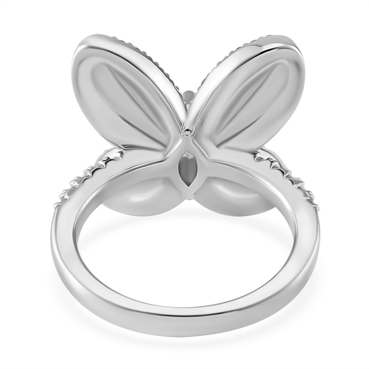 Simulated White and Green Diamond Butterfly Ring in Rhodium Over Sterling Silver (Size 9.0) image number 4