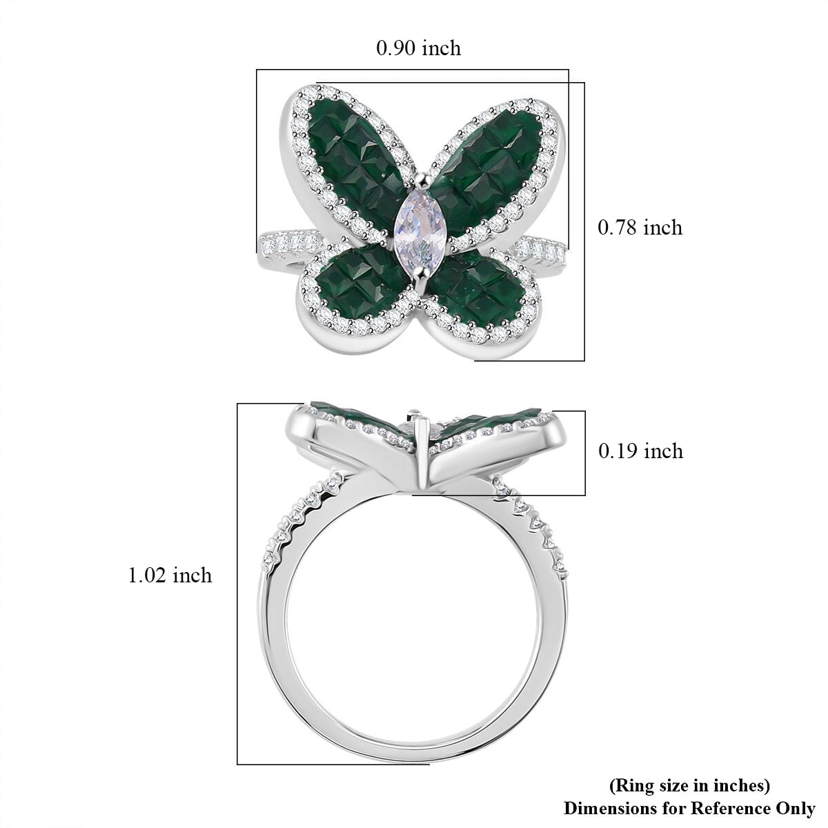 Simulated White and Green Diamond Butterfly Ring in Rhodium Over Sterling Silver (Size 9.0) image number 5