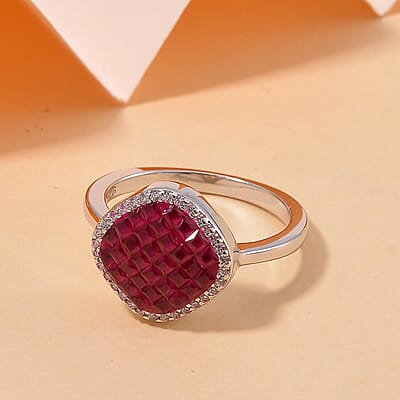 Simulated White and Ruby Color Diamond Mosaic Ring in Rhodium Over Sterling Silver (Size 10.0)