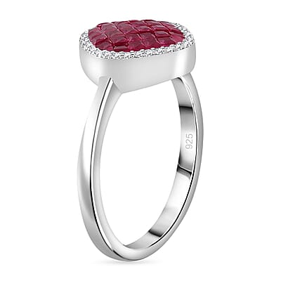 Simulated White and Ruby Color Diamond Mosaic Ring in Rhodium Over Sterling Silver (Size 10.0)