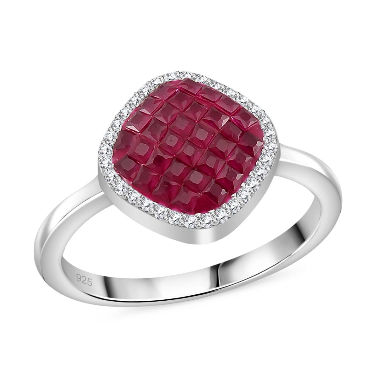 Simulated White and Ruby Color Diamond Mosaic Ring in Rhodium Over Sterling Silver (Size 8.0) image number 0