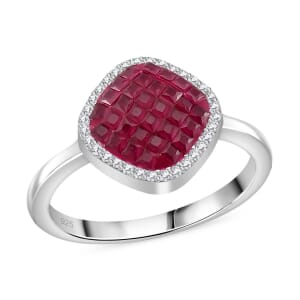 Simulated White and Ruby Color Diamond Mosaic Ring in Rhodium Over Sterling Silver (Size 8.0)