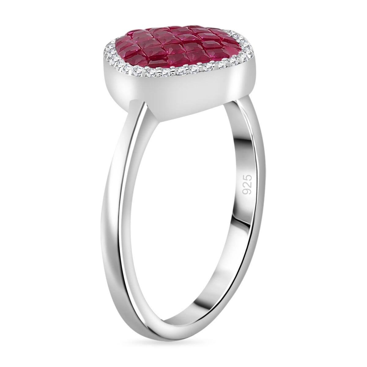 Simulated White and Ruby Color Diamond Mosaic Ring in Rhodium Over Sterling Silver (Size 8.0) image number 3