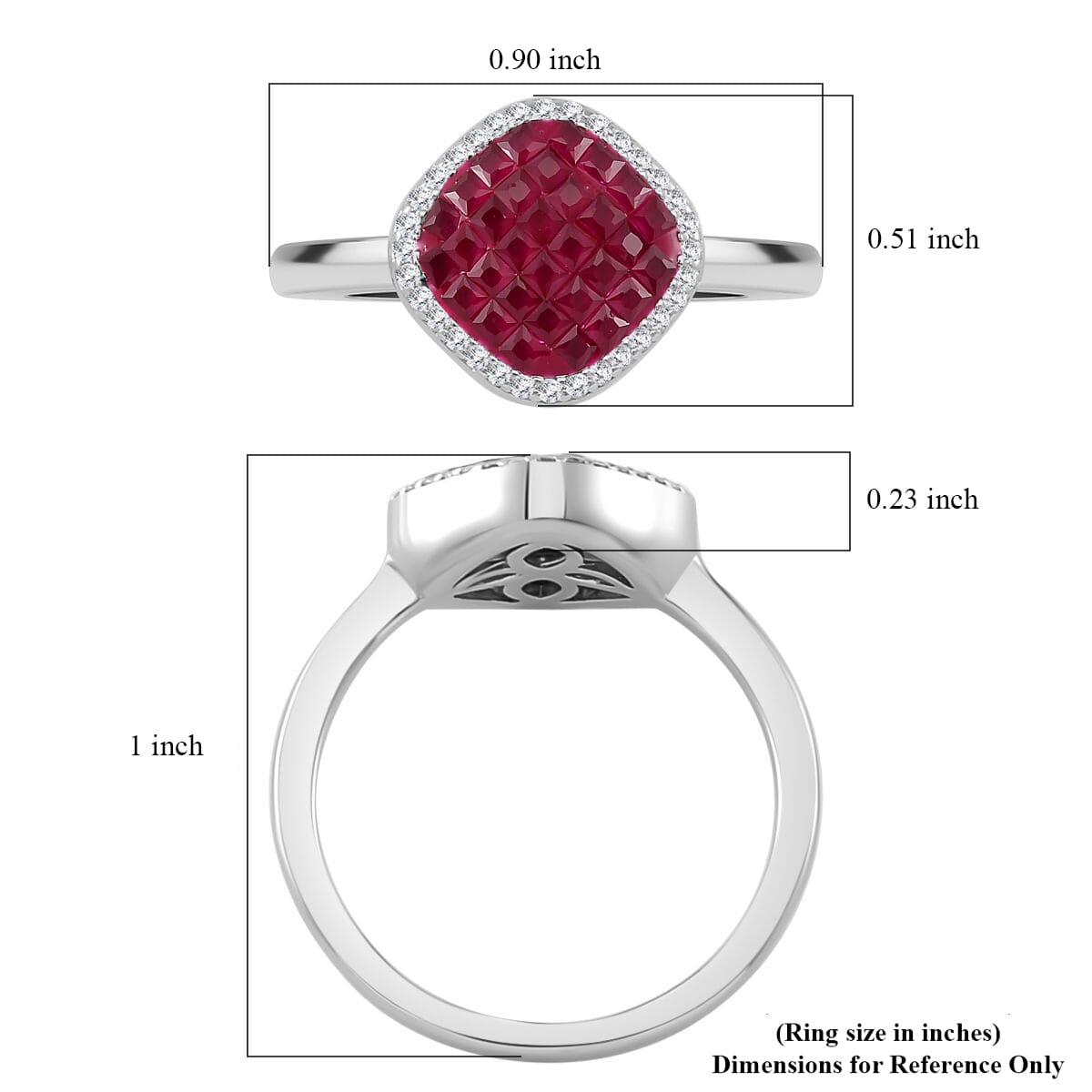 Simulated White and Ruby Color Diamond Mosaic Ring in Rhodium Over Sterling Silver (Size 8.0) image number 5