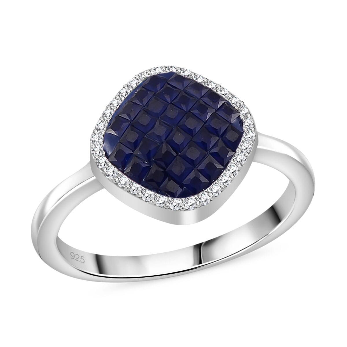 Simulated White and Blue Diamond Mosaic Ring in Rhodium Over Sterling Silver (Size 6.0) image number 0