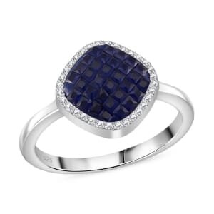 Simulated White and Blue Diamond Mosaic Ring in Rhodium Over Sterling Silver (Size 6.0)