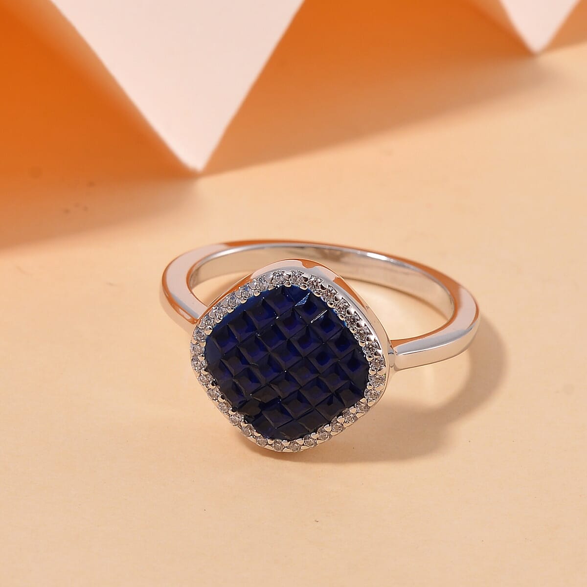 Simulated White and Blue Diamond Mosaic Ring in Rhodium Over Sterling Silver (Size 6.0) image number 1