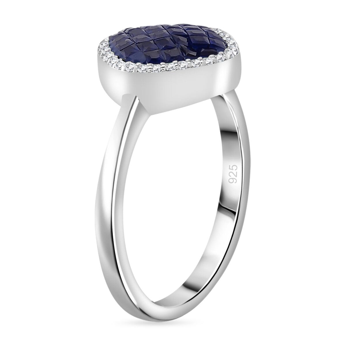 Simulated White and Blue Diamond Mosaic Ring in Rhodium Over Sterling Silver (Size 6.0) image number 3