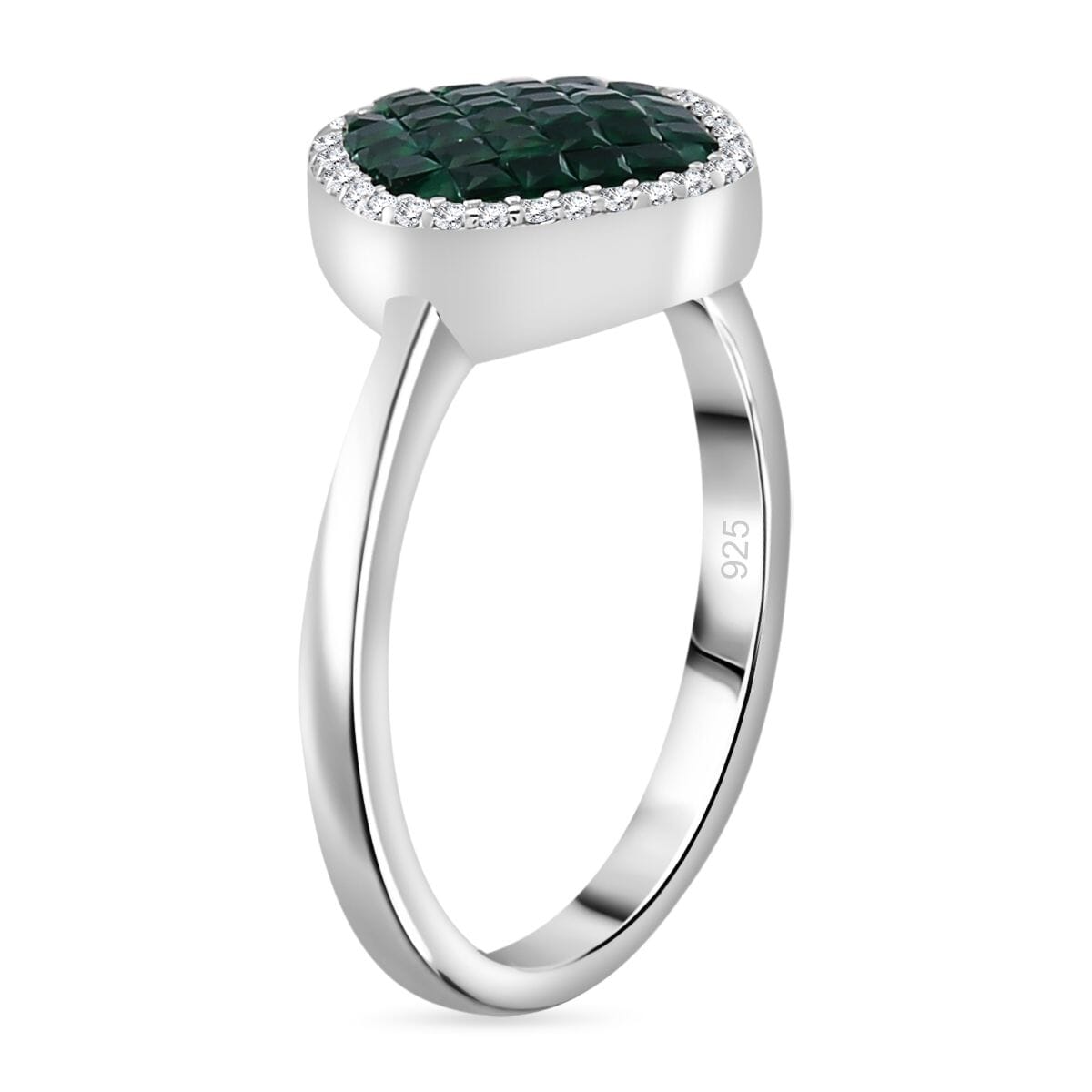Simulated White and Green Diamond Mosaic Ring in Rhodium Over Sterling Silver (Size 6.0) image number 3