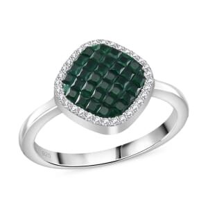 Simulated White and Green Diamond Mosaic Ring in Rhodium Over Sterling Silver (Size 8.0)