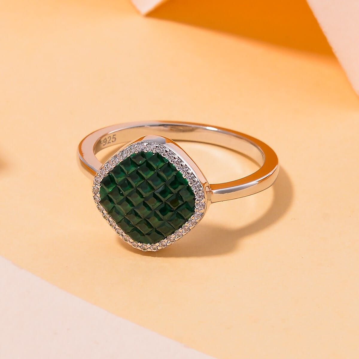 Simulated White and Green Diamond Mosaic Ring in Rhodium Over Sterling Silver (Size 8.0) image number 1