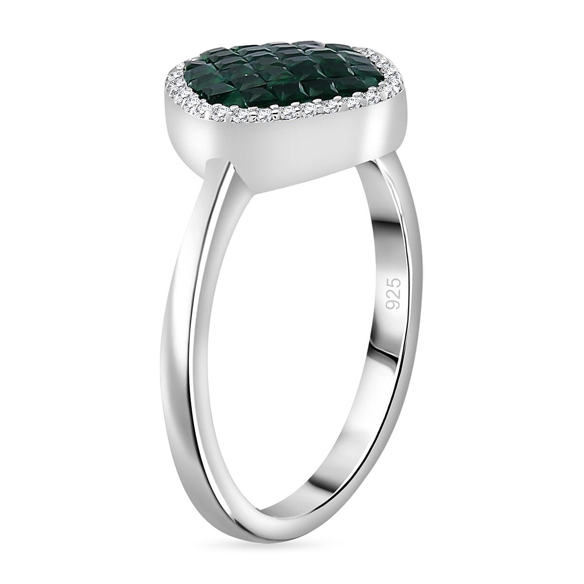 Simulated White and Green Diamond Mosaic Ring in Rhodium Over Sterling Silver (Size 9.0) image number 3