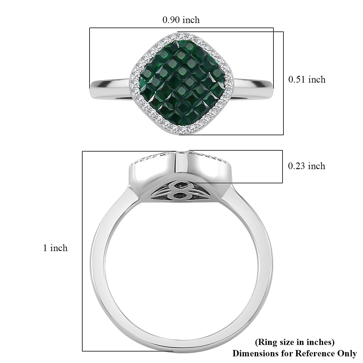 Simulated White and Green Diamond Mosaic Ring in Rhodium Over Sterling Silver (Size 9.0) image number 5