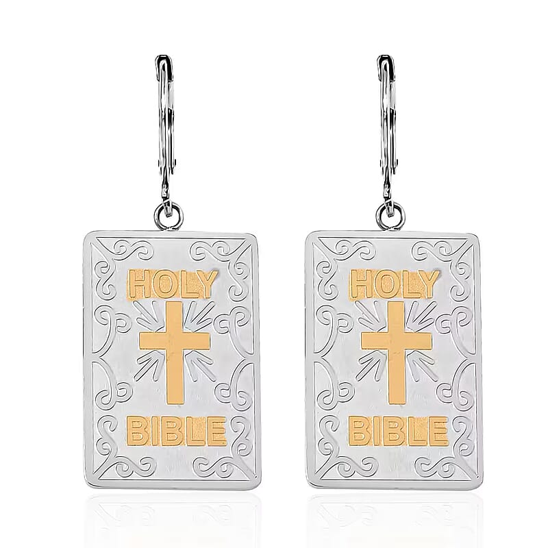 Bible Book Earrings in ION Plated YG and Stainless Steel