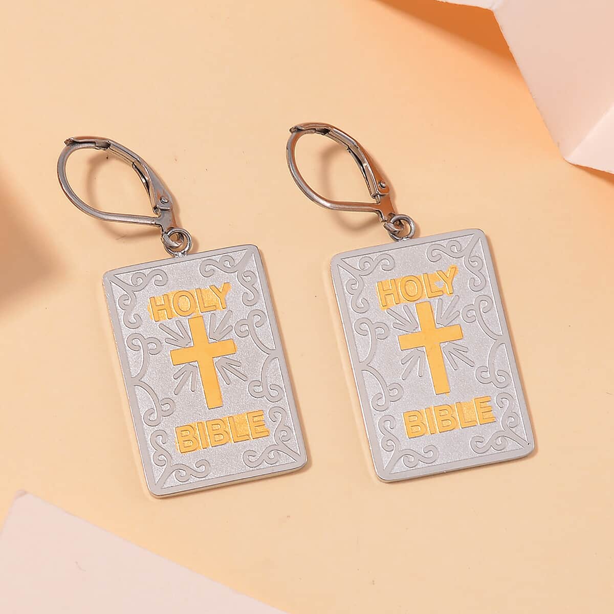 Bible Book Earrings in ION Plated YG and Stainless Steel image number 1