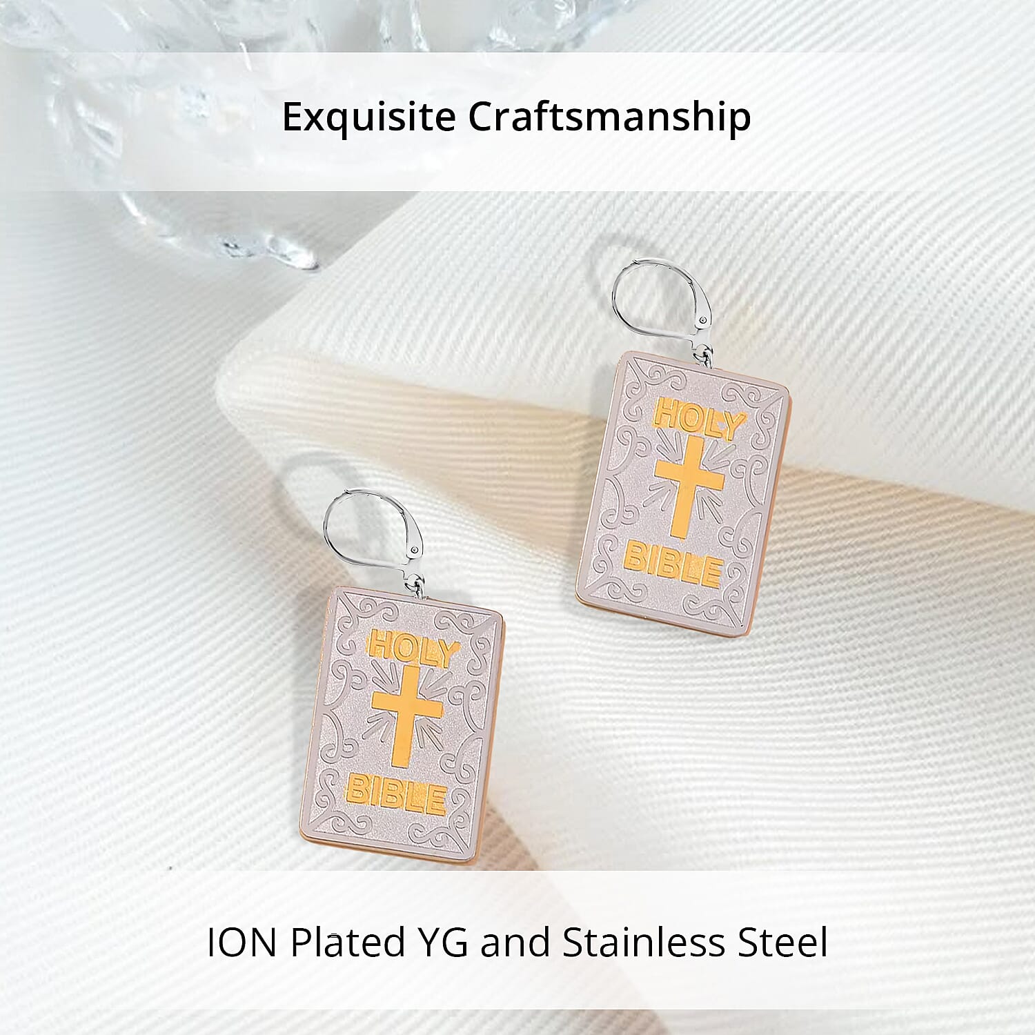 Bible Book Earrings in ION Plated YG and Stainless Steel
