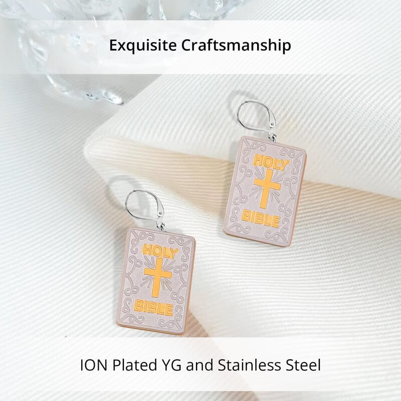 Bible Book Earrings in ION Plated YG and Stainless Steel