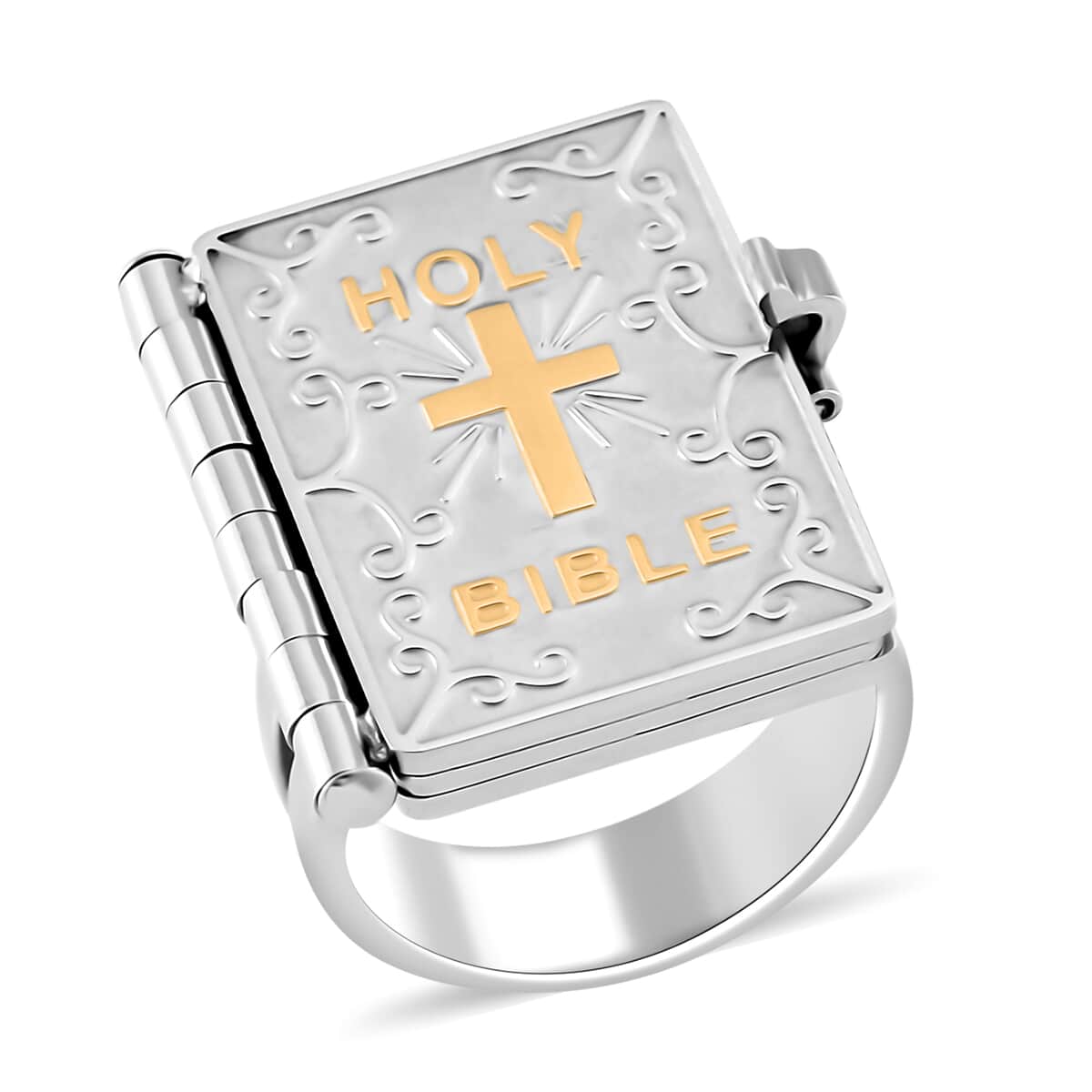 Bible Book and Double Shankes Ring in ION Plated YG and Stainless Steel (Size 10.0) image number 0