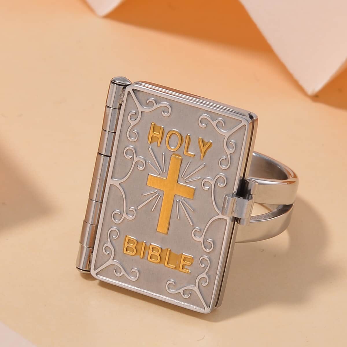 Bible Book and Double Shankes Ring in ION Plated YG and Stainless Steel (Size 10.0) image number 1