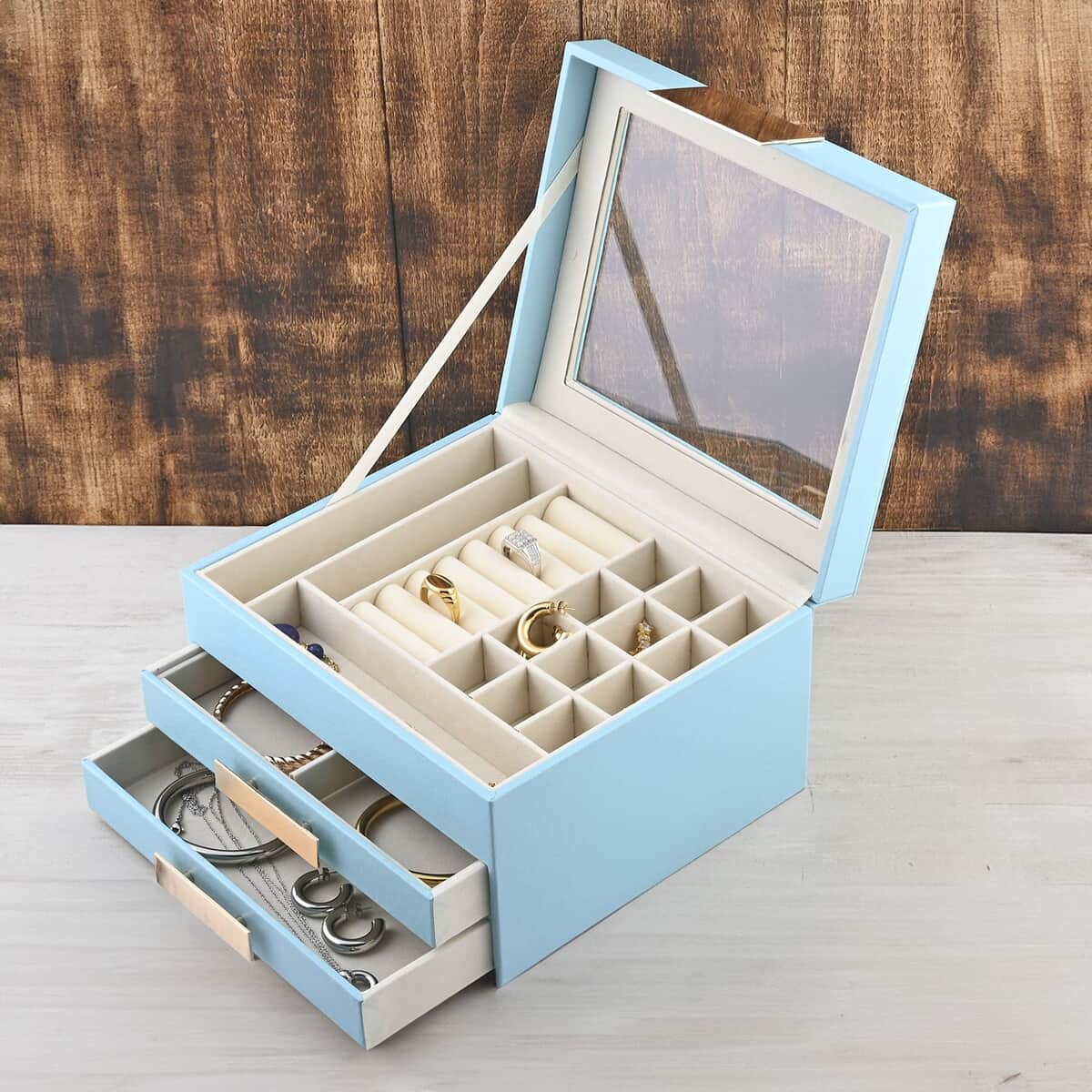 Baby Blue Three Layer Faux Leather Jewelry Box with Anti Tarnish Lining and 2 Removable Tray image number 1