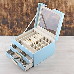Baby Blue Three Layer Faux Leather Jewelry Box with Anti Tarnish Lining and 2 Removable Tray