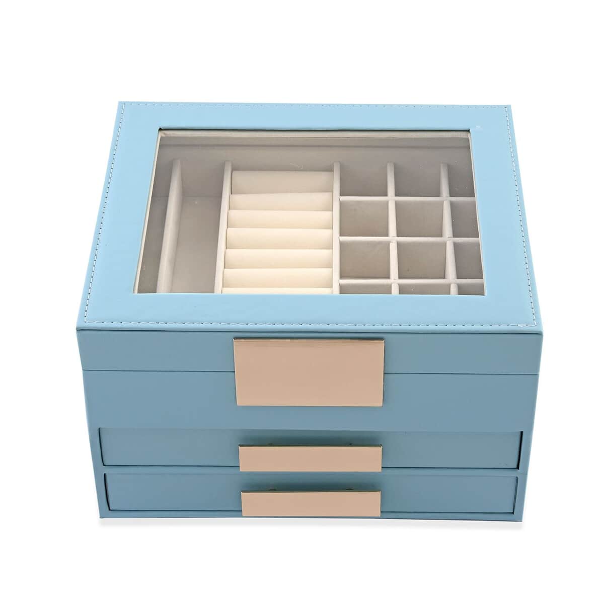 Baby Blue Three Layer Faux Leather Jewelry Box with Anti Tarnish Lining and 2 Removable Tray image number 2