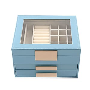 Baby Blue Three Layer Faux Leather Jewelry Box with Anti Tarnish Lining and 2 Removable Tray