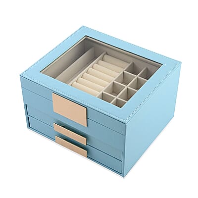 Baby Blue Three Layer Faux Leather Jewelry Box with Anti Tarnish Lining and 2 Removable Tray