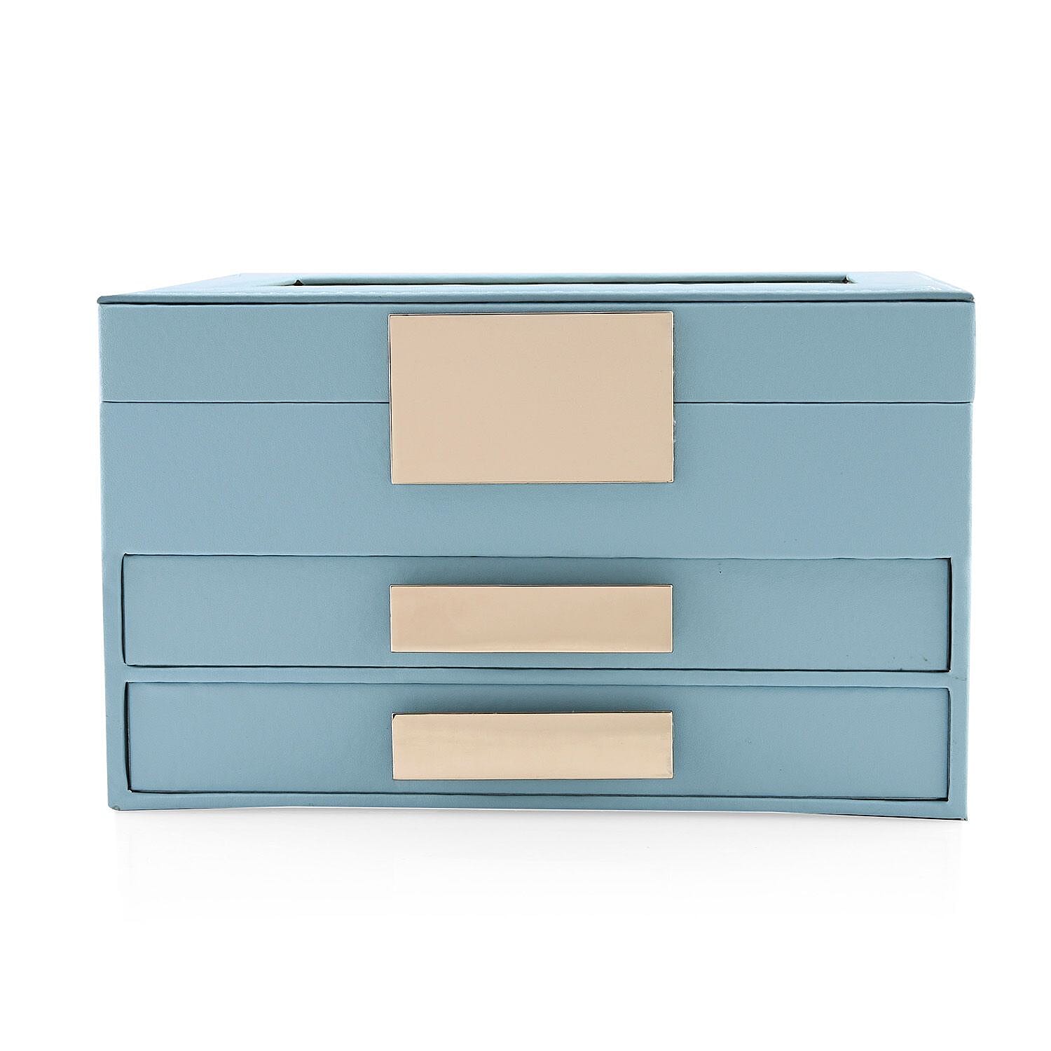 Baby Blue Three Layer Faux Leather Jewelry Box with Anti Tarnish Lining and 2 Removable Tray