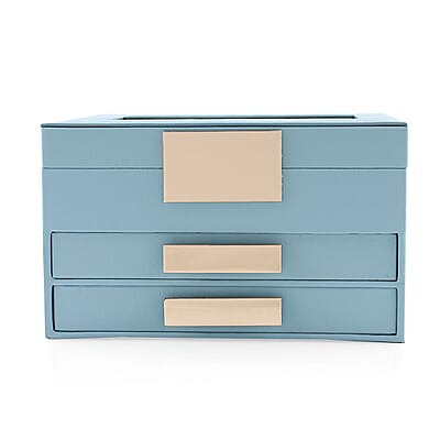 Baby Blue Three Layer Faux Leather Jewelry Box with Anti Tarnish Lining and 2 Removable Tray