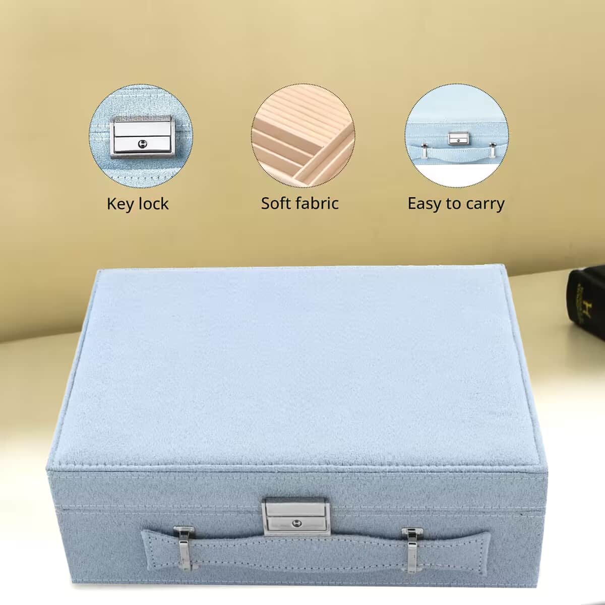 Light Blue Faux Velvet Briefcase Style 2-Tier Jewelry Box with Anti-Tarnish and Scratch Protection Interior (Approx 60 Rings, etc) image number 3