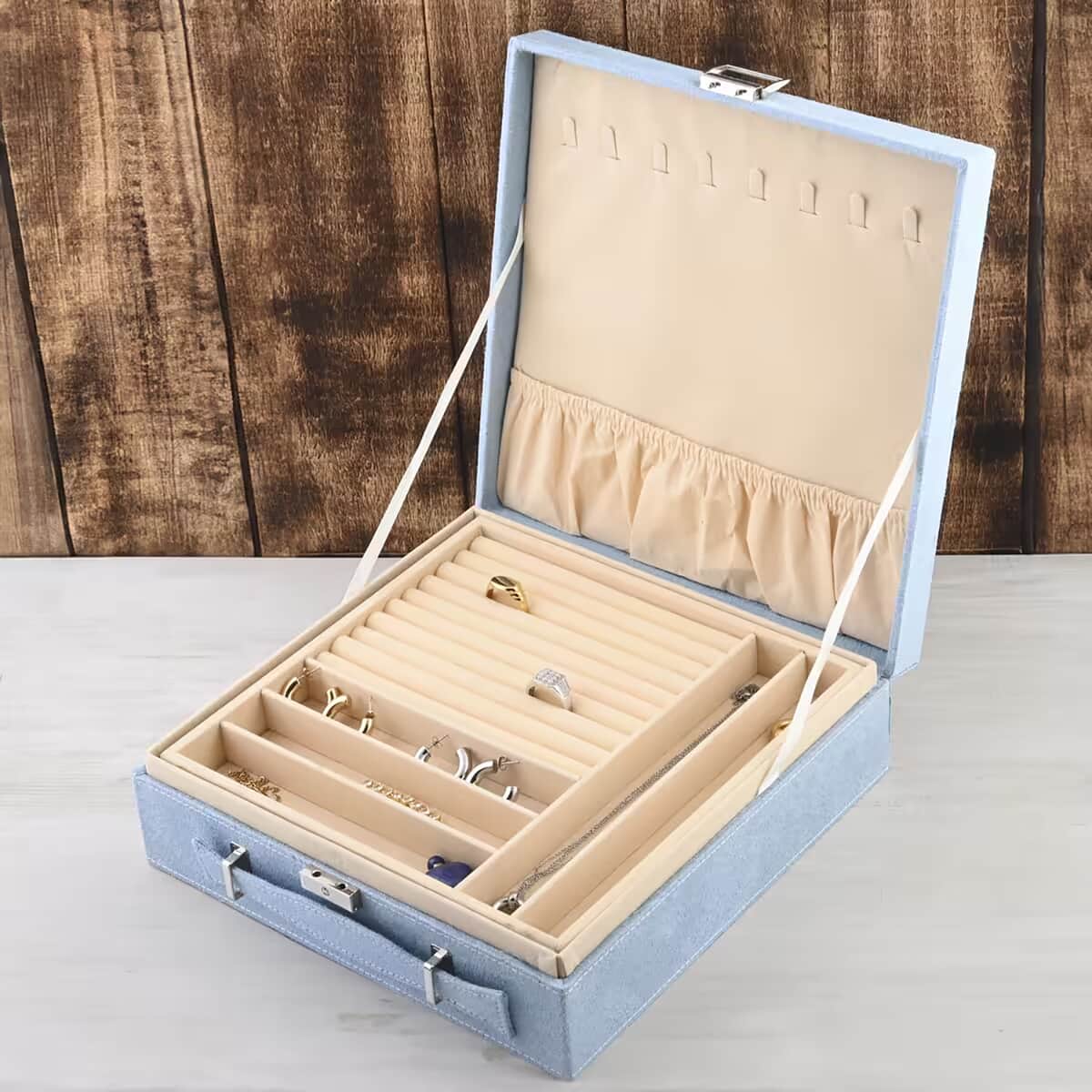 Light Blue Faux Velvet Briefcase Style 2-Tier Jewelry Box with Anti-Tarnish and Scratch Protection Interior (Approx 60 Rings, etc) image number 5