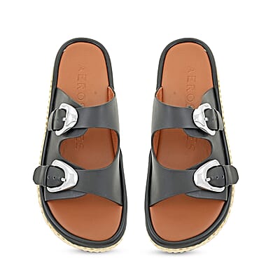 Aerosoles Black Buckled Flatform Slide Sandal SIZE 10.00