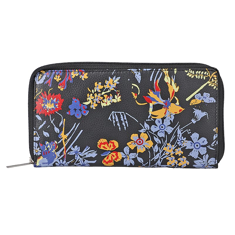 Union Code Black Color Flower Print 100% Genuine Leather RFID Protected Women's Wallet