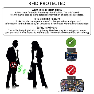 Union Code Black Color Flower Print 100% Genuine Leather RFID Protected Women's Wallet