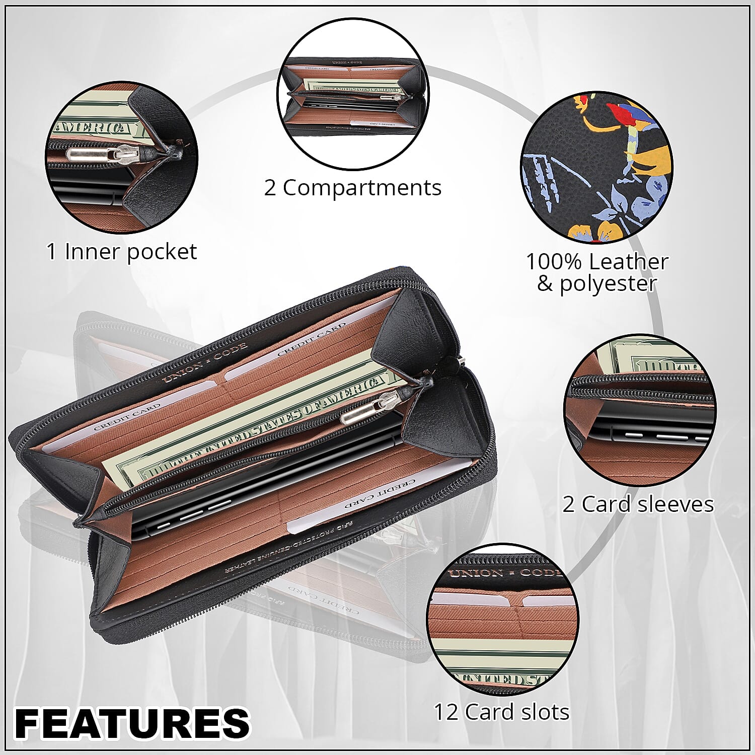 Union Code Black Color Flower Print 100% Genuine Leather RFID Protected Women's Wallet