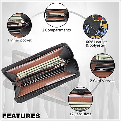 Union Code Black Color Flower Print 100% Genuine Leather RFID Protected Women's Wallet