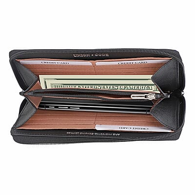 Union Code Black Color Flower Print 100% Genuine Leather RFID Protected Women's Wallet
