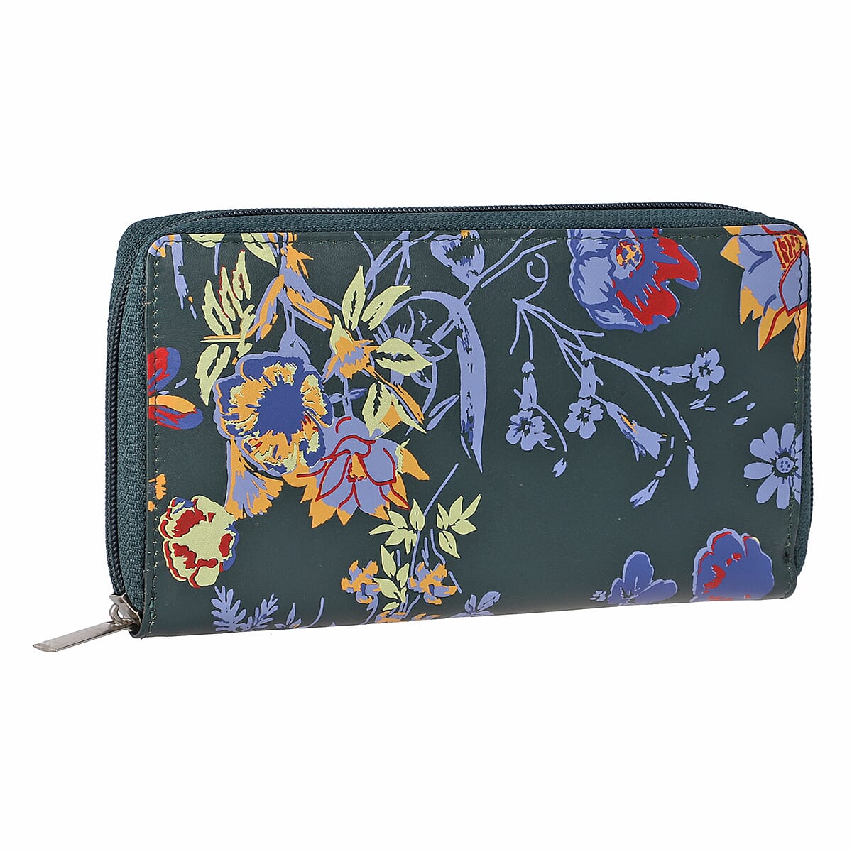 Union Code Green Color Flower Print 100% Genuine Leather RFID Protected Women's Wallet image number 6