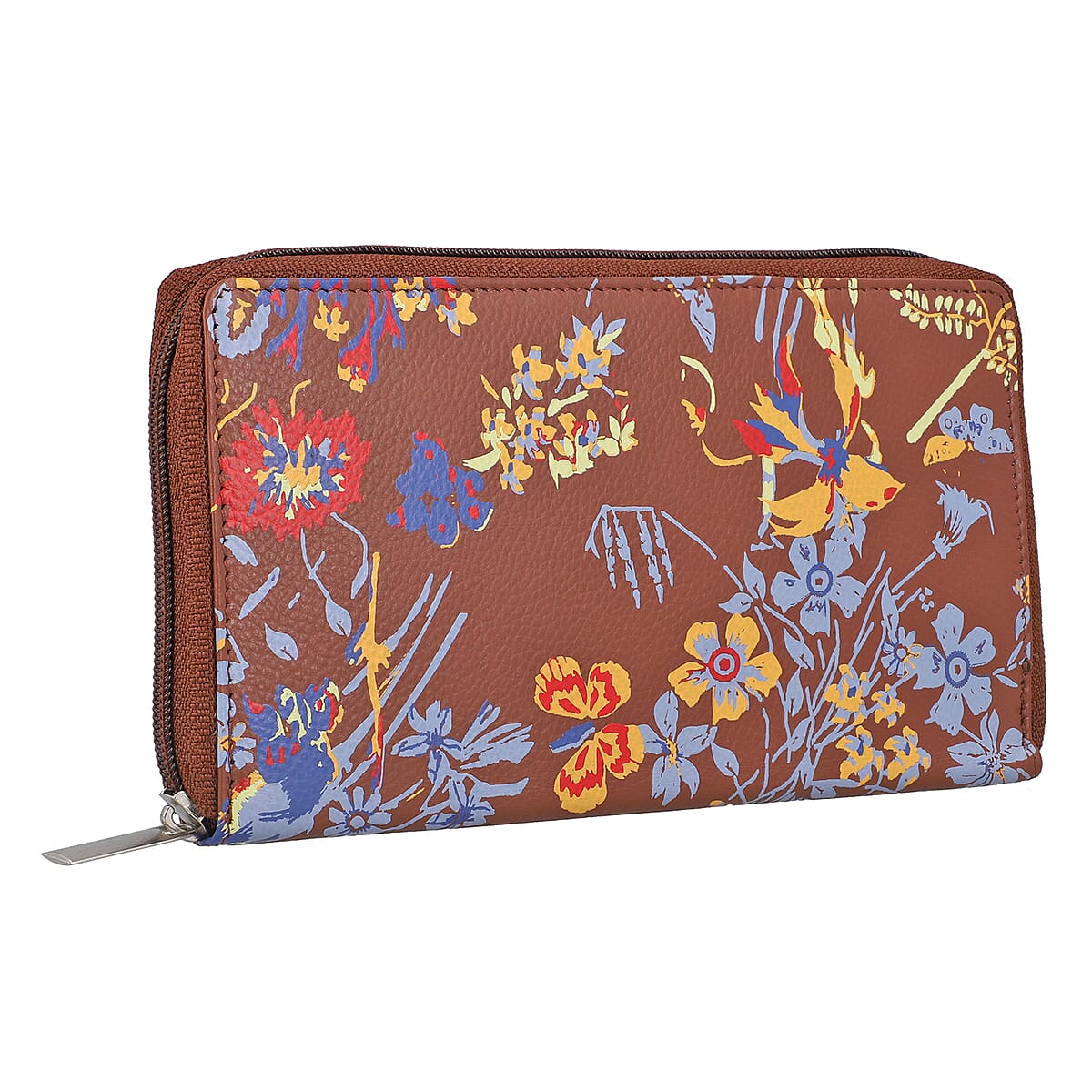 Union Code Dark Cognac Color Flower Print 100% Genuine Leather RFID Protected Women's Wallet image number 6