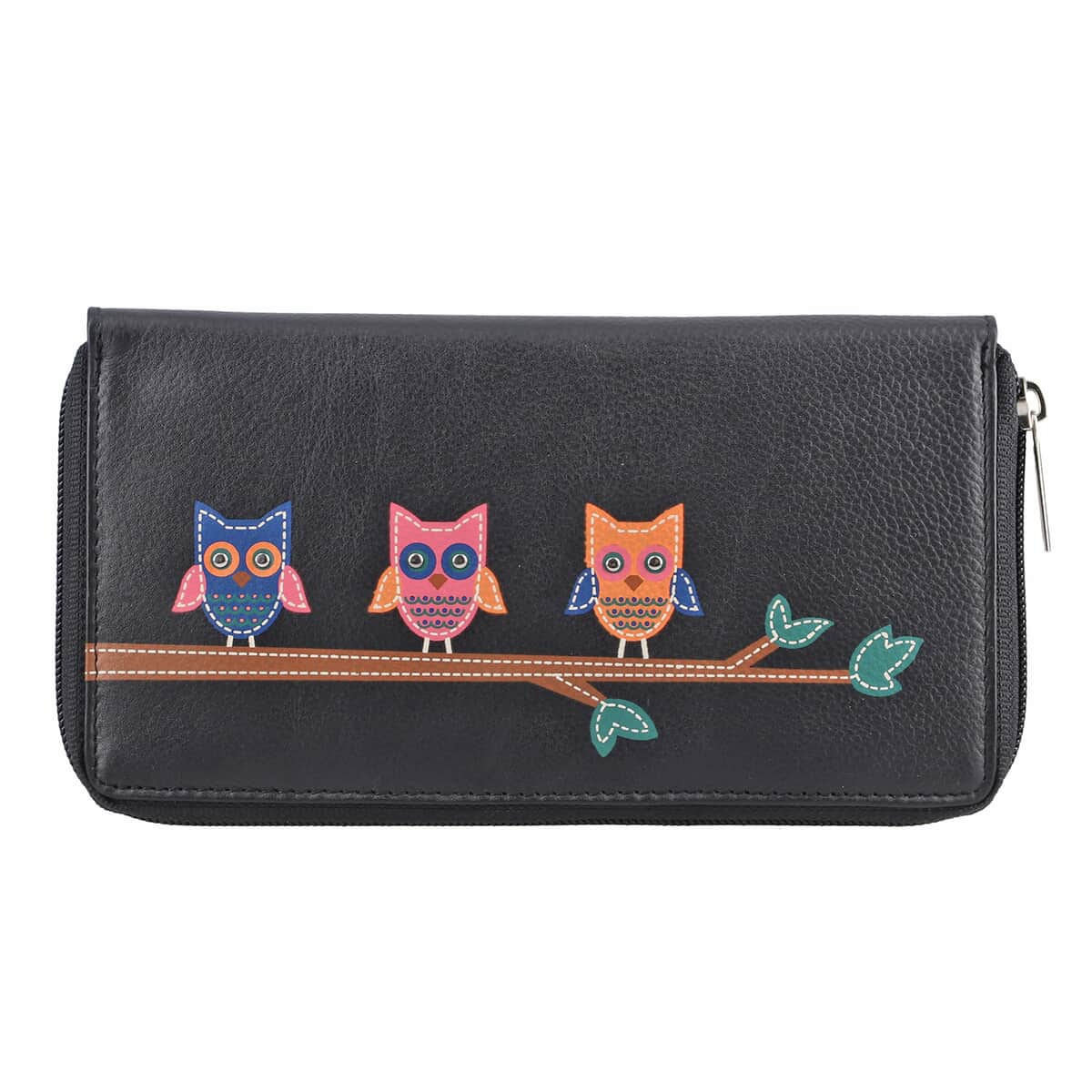 Union Code Black RFID Protected Genuine Leather Owl Family Applique Women's Wallet image number 0