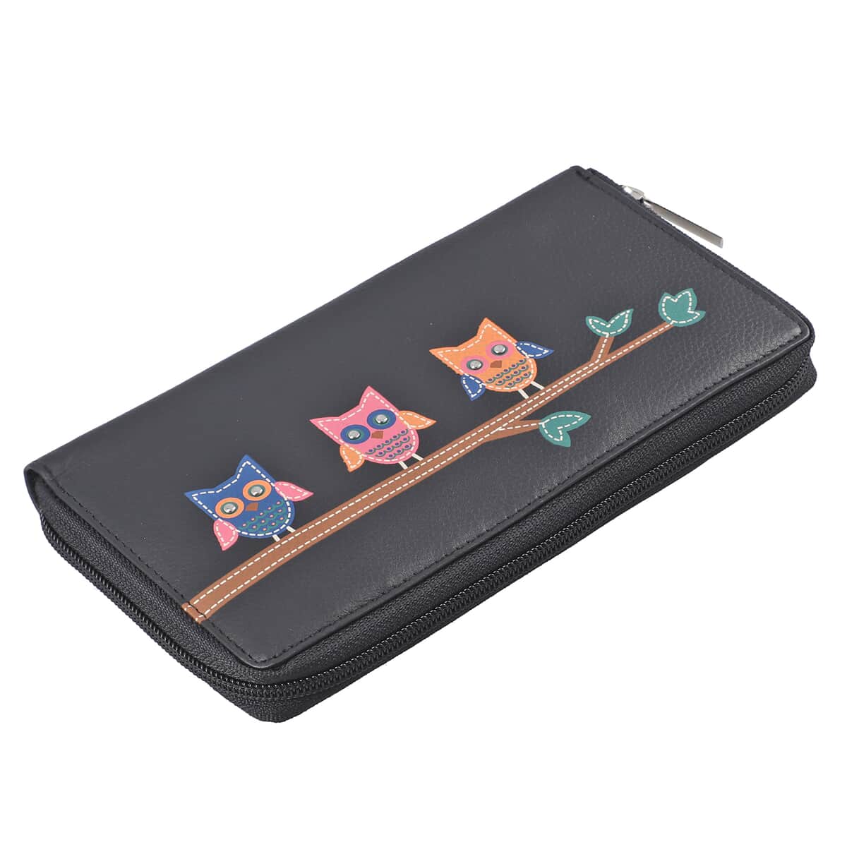 Union Code Black RFID Protected Genuine Leather Owl Family Applique Women's Wallet image number 5